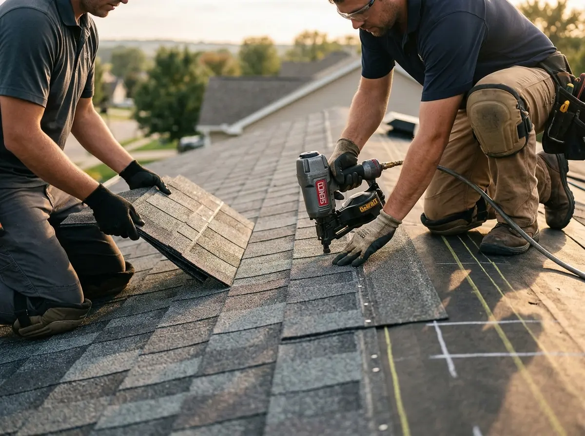 Professional roofer working on a residential roof in Hayward